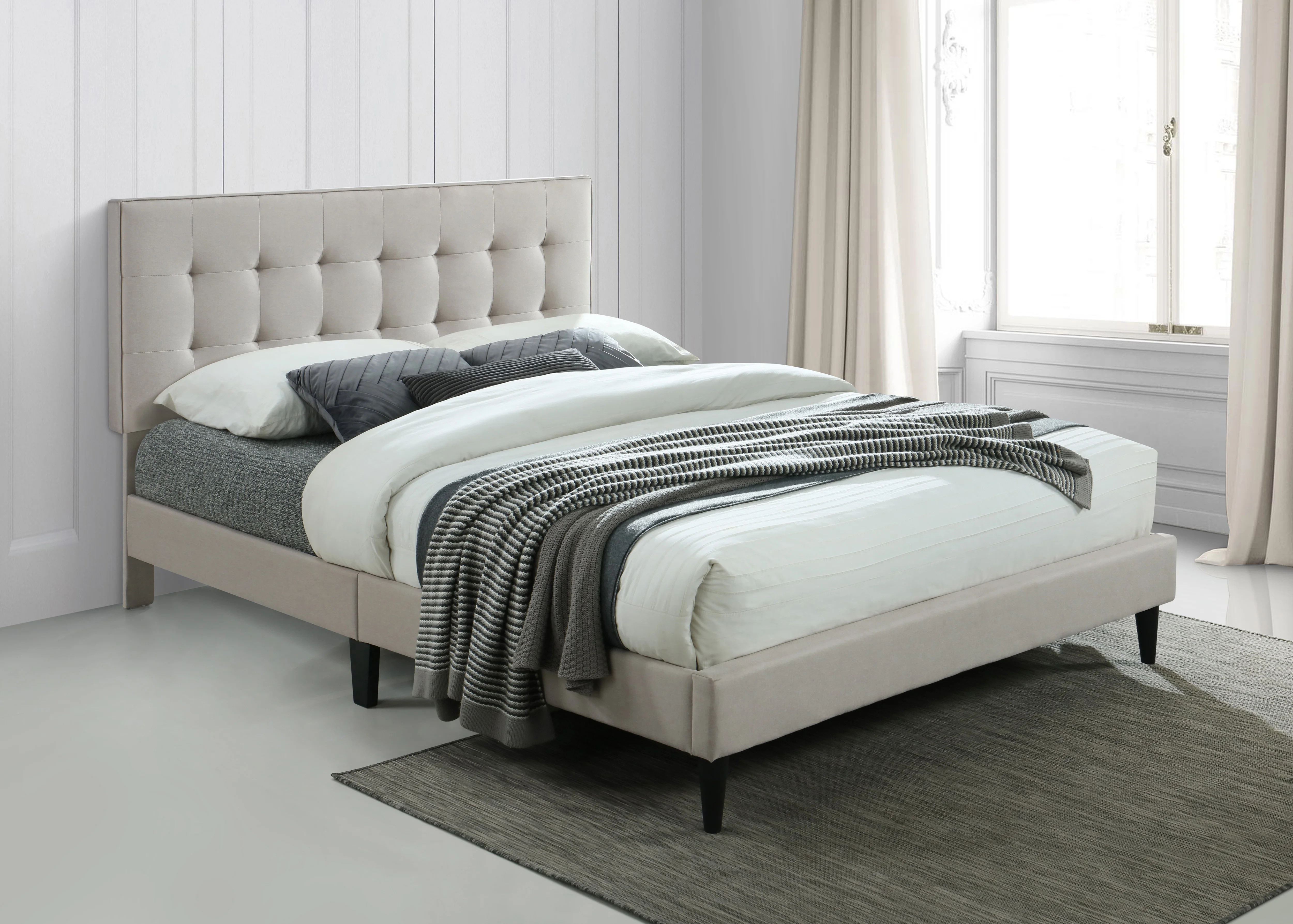 Ovis Ella Beige Tufted Platform Bed, Upholstered Queen Bed - Walmart.com | Walmart (US)