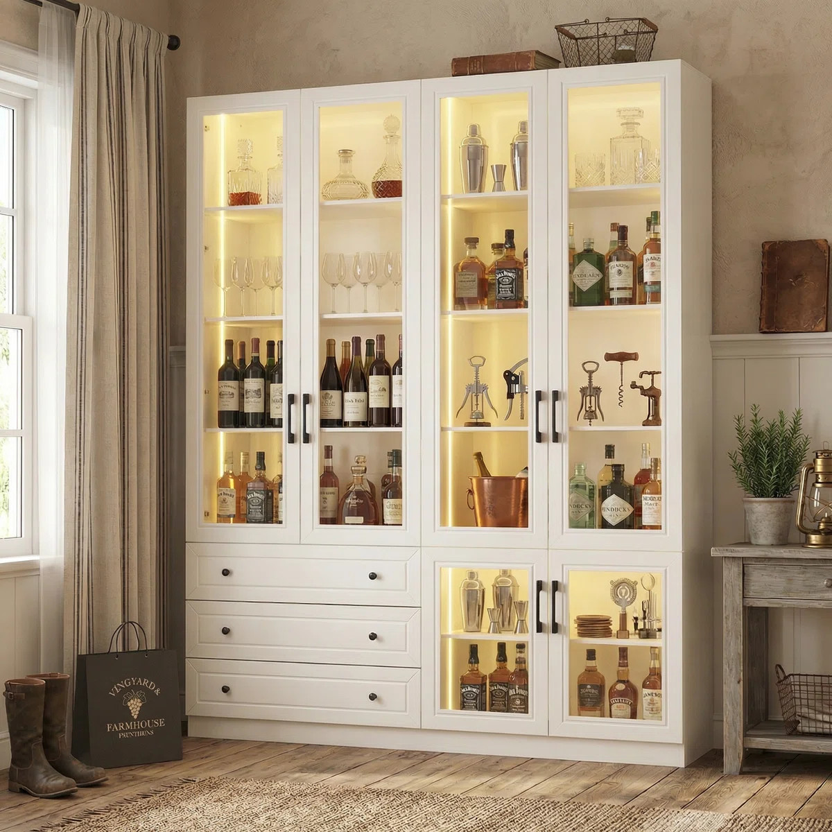3 Drawers White Wine Bar Cabinet With Glass Doors & 7-Color Lights | Wayfair North America