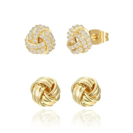 PAVOI Women s 14K Yellow Gold Flash Plated Love Knot Earrings Cubic Zirconia & Plain Set 2 Pack | Walmart (US)