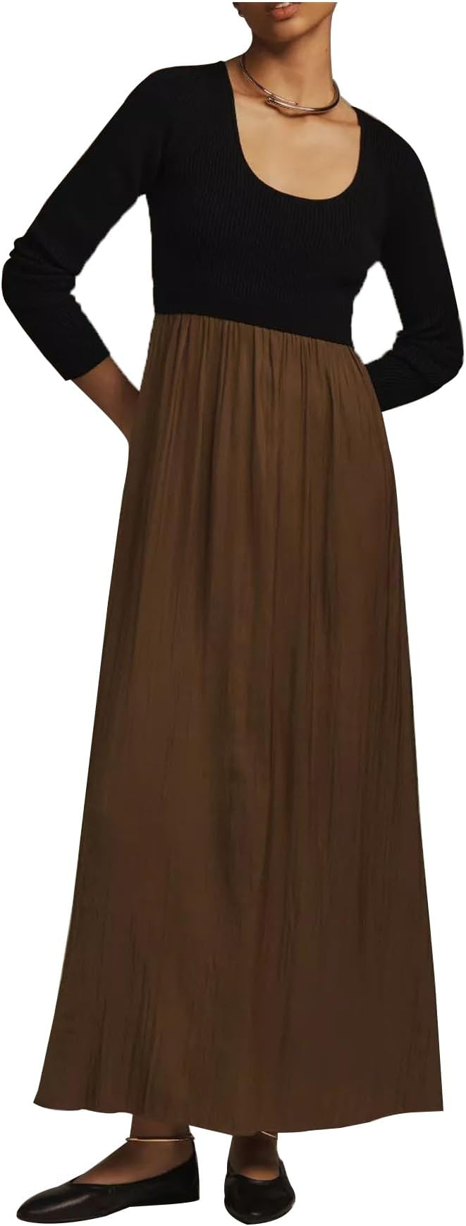 Women's Sweater Maxi Dress Long Sleeve Scoop Neck Flowy Ribbed Knit Patchwork Dress | Amazon (US)