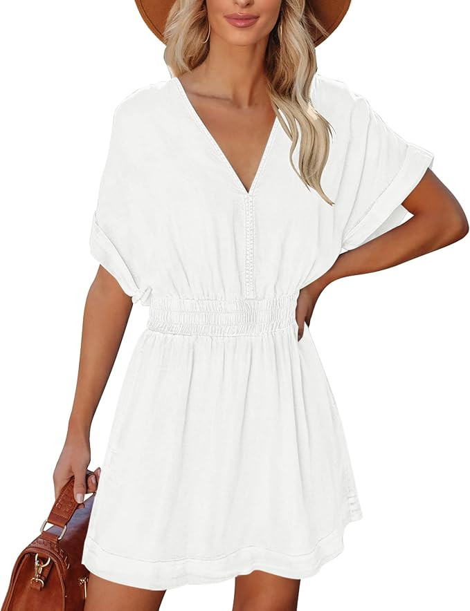 LookbookStore Denim Dress for Women Chambray Batwing Sleeves Smocked Waist A-line Short Jean Dres... | Amazon (US)