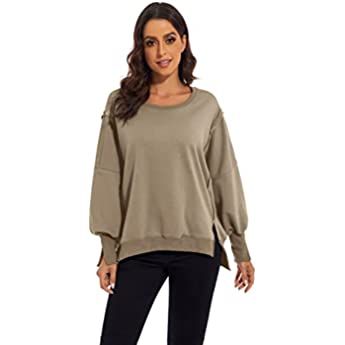 Meladyan Women Oversize Patchwork Sweatshirt Side Split High-Low Hem Round Neck Long Sleeve Casual P | Amazon (US)