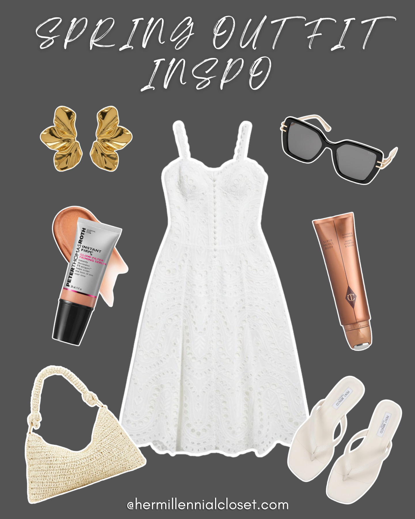 This spring outfit inspo features a feminine white eyelet dress styled with chic gold statement earrings, sleek black sunglasses, and neutral accessories for an elevated everyday look. Finished with comfortable sandals, a woven shoulder bag, and glowing beauty essentials for that soft spring-ready glow.

A simple, polished outfit idea that’s perfect for brunch, weekend strolls, or sunny day outings. 🌼✨ 

 #LTKootd #LTKSeasonal
