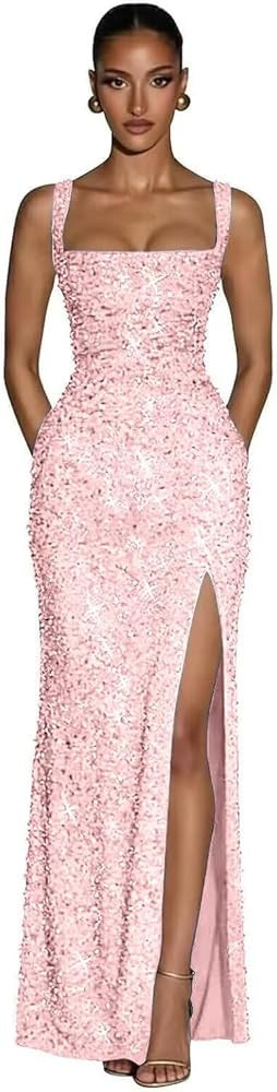 Sequin Sparkly Prom Dresses for Women Mermaid Square Neck Formal Evening Gowns with Slit | Amazon (US)
