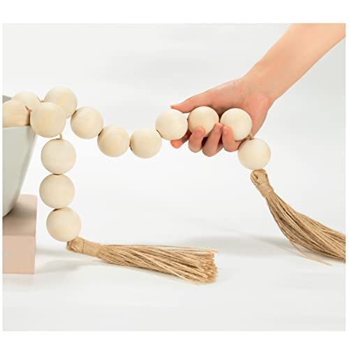 OMISHE 60" Long Large Wood Bead Garland with 1.6" Diameter Wooden Beads and Tassels, Rustic Farmhouse Country Wood Beads Garland for Home Tiered Tray Decor, Decorative Beads with Tassels Natural Beige | Amazon (US)