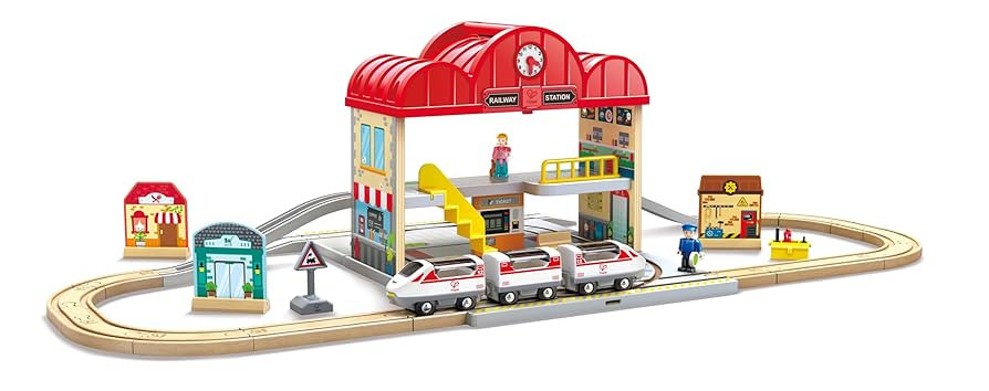 Hape Portable Wooden Train Station Set, Children's Train Set, Rails, Train Station and Characters... | Amazon (US)