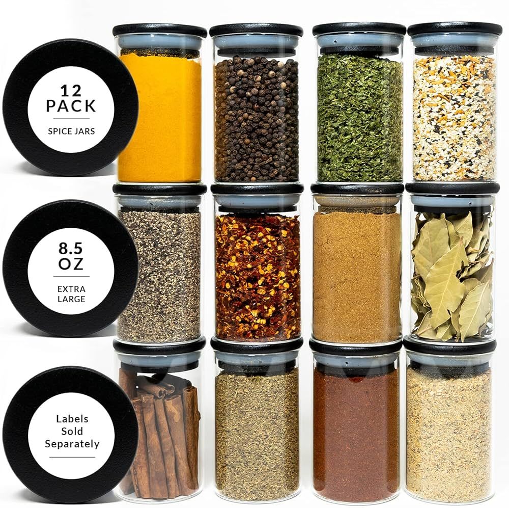 12 Black Bamboo Spice Jars 8.5 OZ - Large Glass Spice Jars with Bamboo Lids - Seasoning Jars with... | Amazon (US)