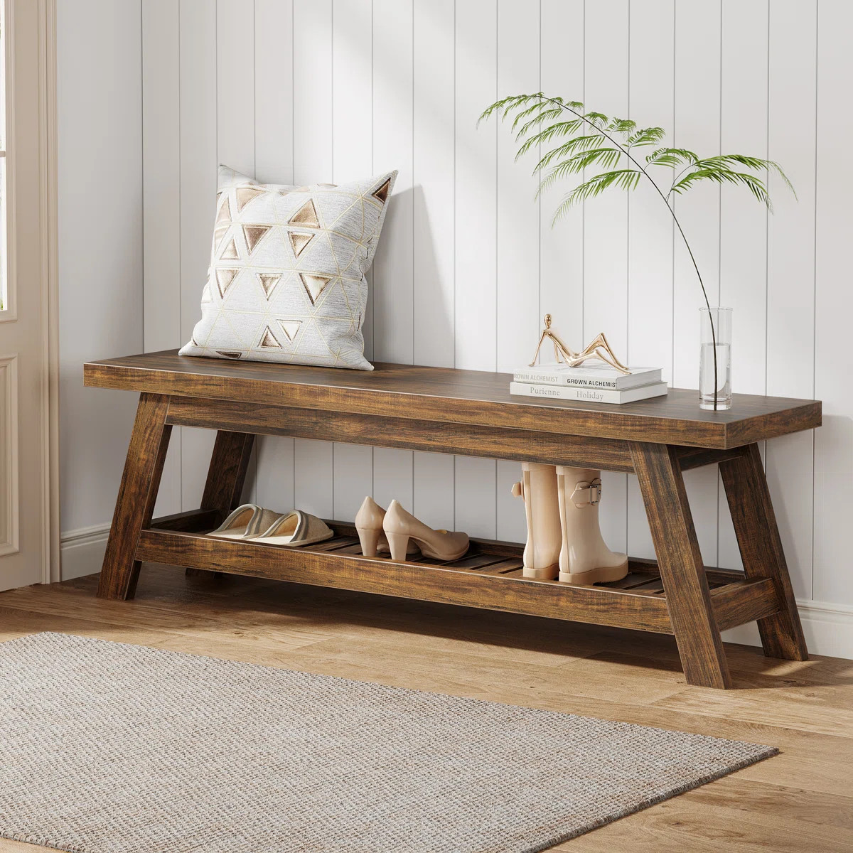 55" Entryway Bench with Shoe Storage, 2-Tier Narrow Hallway Foyer Seating Bench with Open Shelves | Wayfair North America