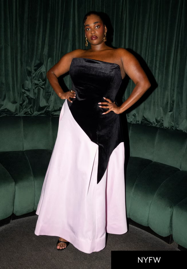 Asymmetrical Velvet Strapless Gown | Eloquii