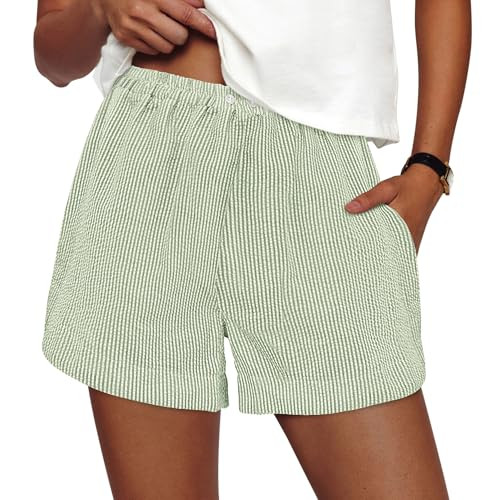 PRETTYGARDEN Women's Striped Boxer Shorts Summer 2026 Trendy Casual Elastic Waist Lounge Sleep Pajama Bottoms Beach Shorts (Striped Light Green White,Small) | Amazon (US)