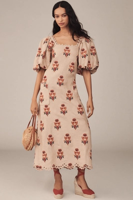 Farm Rio Puff-Sleeve Linen Embroidered Macaw Midi Dress | Anthropologie (US)