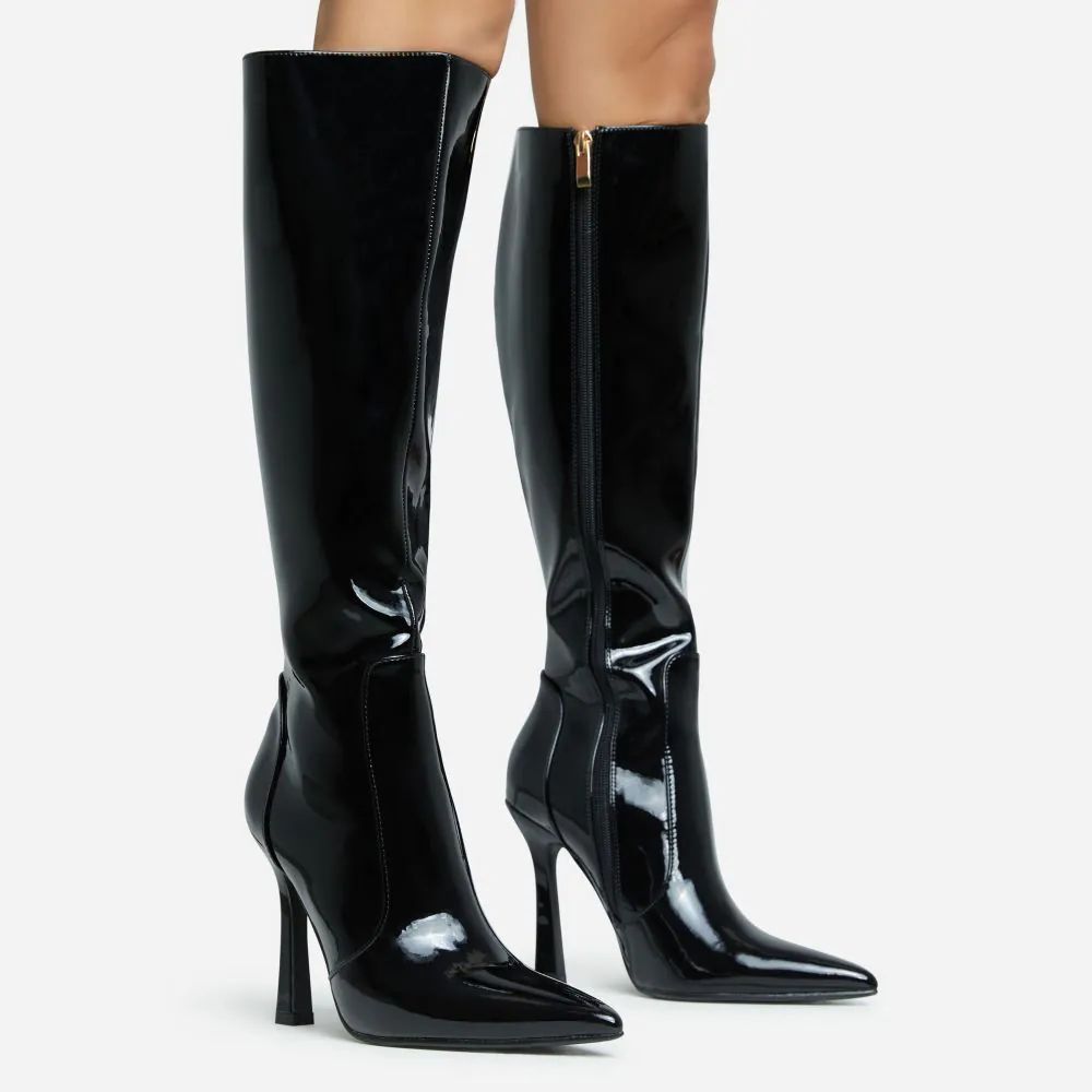 Forest Pointed Toe Stiletto Heel Knee High Long Boot In Black Patent | EGO Shoes (US & Canada)