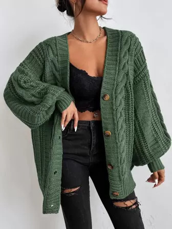 SHEIN Relaxiva Solid Button Front Cable Knit Cardigan | SHEIN