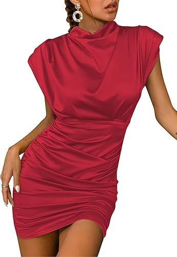 LYANER Women's Satin Silk Shoulder Pad Ruched Bodycon Sleeveless Mini Tank Dress | Amazon (US)