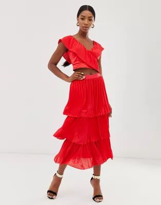 Little Mistress tiered midi skirt in poppy red | ASOS US