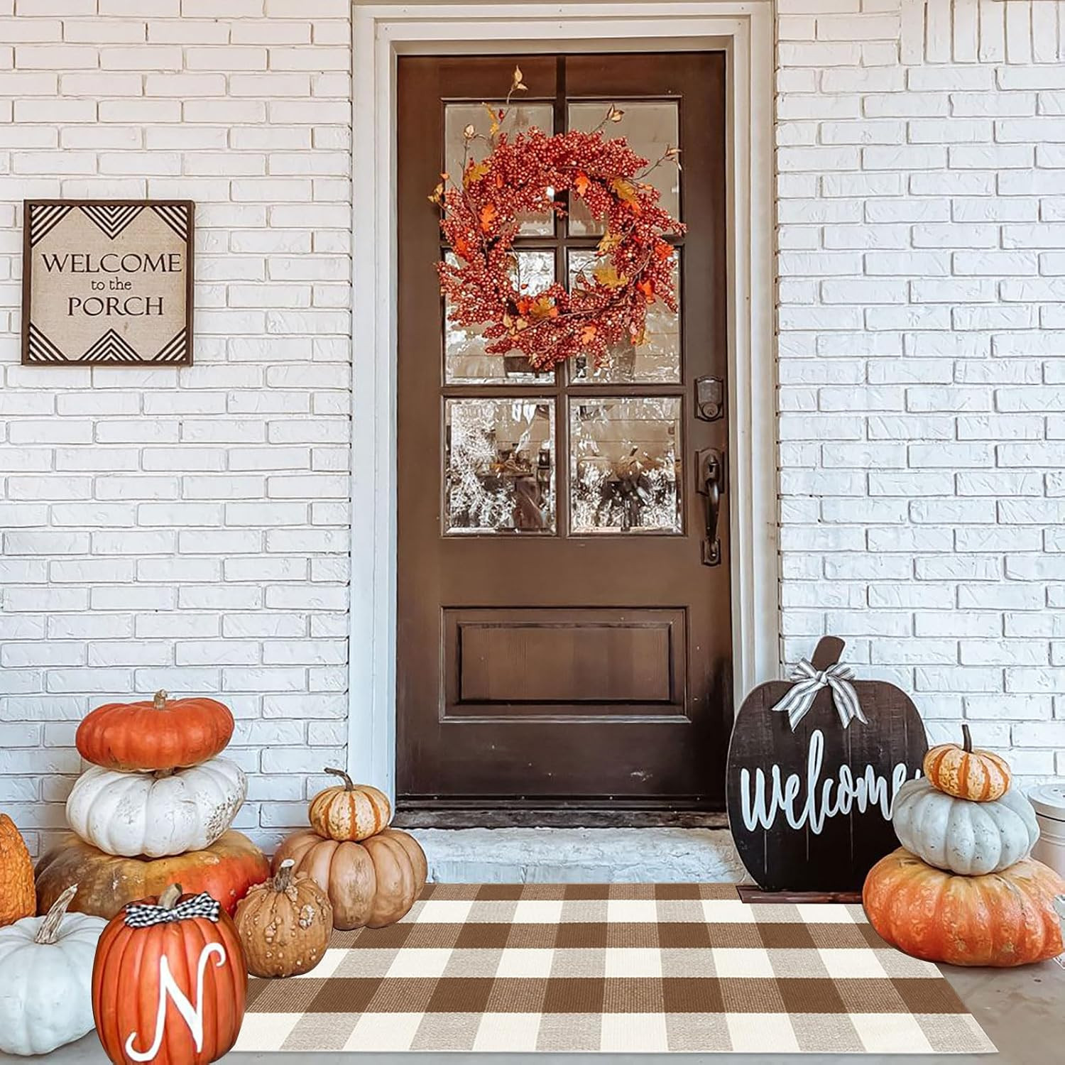Buffalo Plaid Outdoor Rug 24"x51"Doormat Farmhouse Checkered Front Porch Rug Machine Washable Woven Cotton Layered Door Mats for Indoor Entryway Kitchen Bedroom (24"x51", Coffee and White) | Amazon (US)