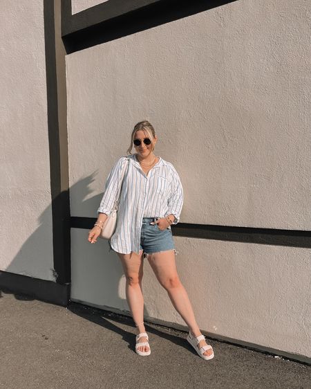Casual midsize summer outfit - oversized striped linen button up shirt, Abercrombie denim shorts, white dad sandals


#LTKmidsize #LTKsummer #LTKstyletip