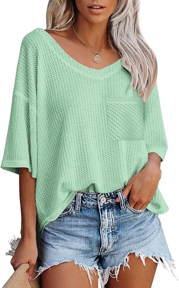 Zeagoo Women Summer Oversized Tops Waffle Short Sleeve Casual V Neck Shirts | Amazon (US)
