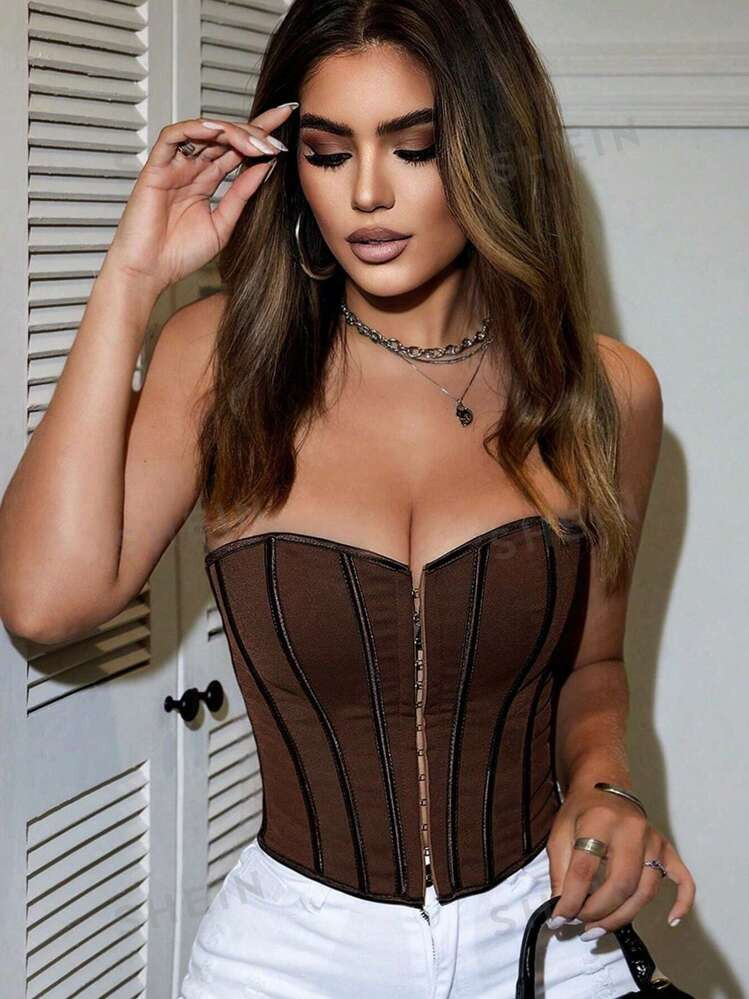 Y2K Vintage Strapless Overbust Corset Boned Lace-Up Back Bodyshaper Crop Bandeau Top | SHEIN USA | SHEIN
