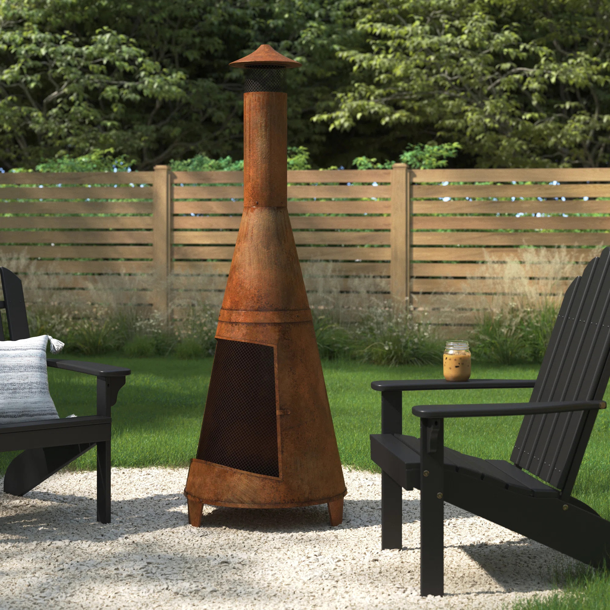 70'' H x 23.5'' W 70" Rust Patina Finish Steel Wood-Burning Chiminea with Spark Screen | Wayfair North America