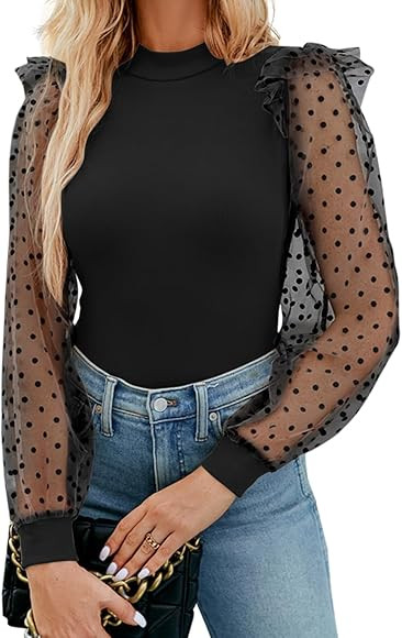 WAYMAKER Women's Mock Turtle Neck Polka Dot Sheer Mesh Puff Long Sleeve Bodysuit Blouses Tops Shi... | Amazon (US)