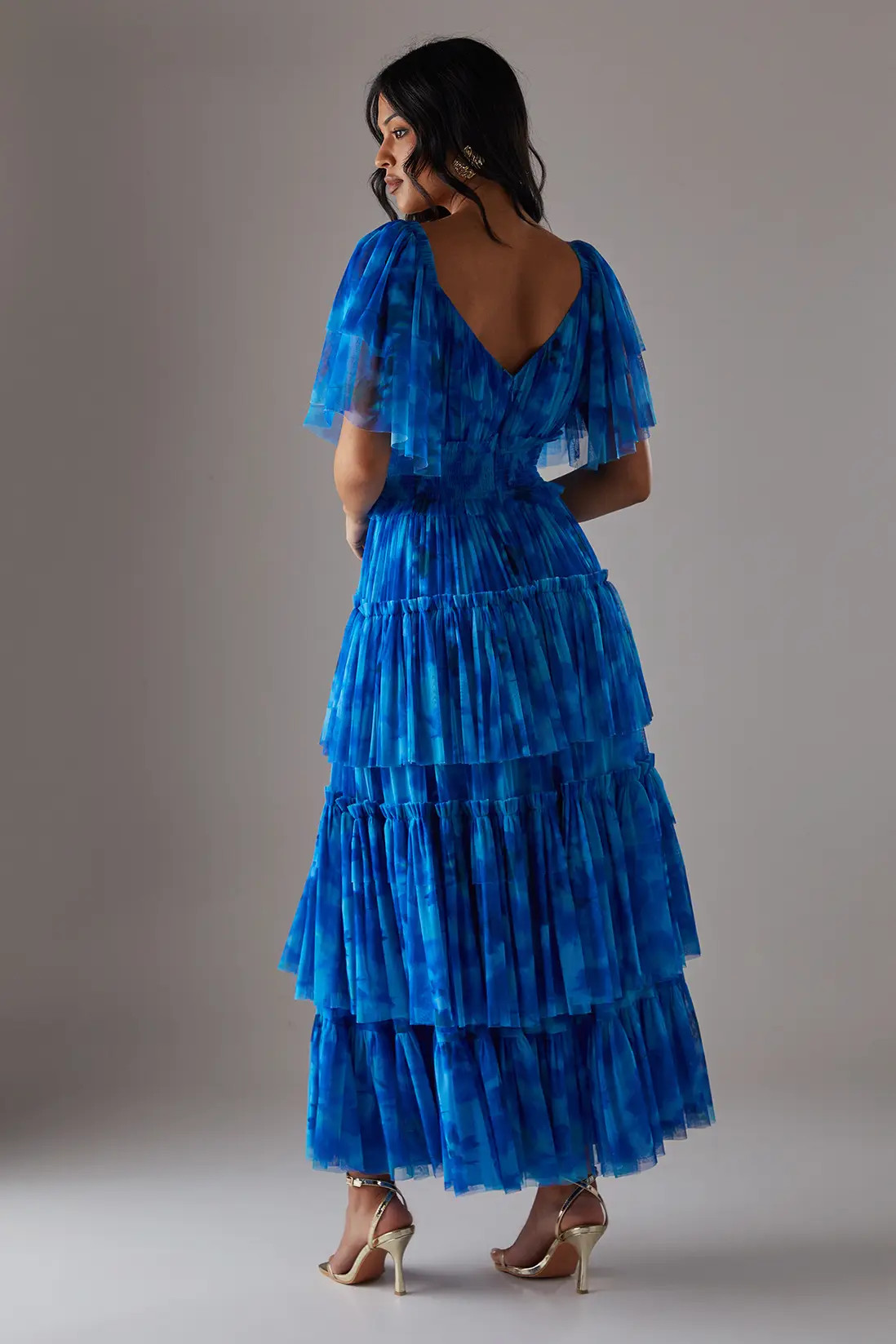Blue Warehouse Tulle Floral Plunge Neck Flutter Sleeve Tier Maxi Dress | Boohoo | Boohoo.com (UK & IE)