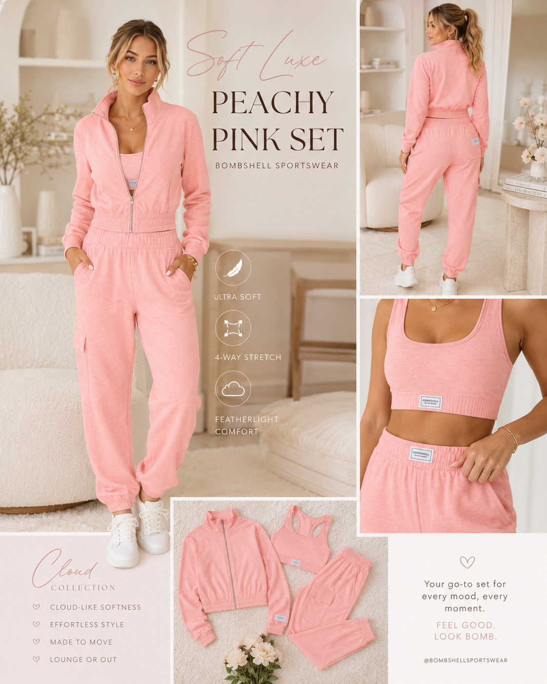 The @Bombshell Sportswear Peachy Pink Cloud Set is the soft-luxe matching outfit that makes everyday athleisure feel instantly elevated. 💗✨

This dreamy 3-piece set includes the Cloud Lounge Bra, Cloud Comfort Joggers, and Cloud Full Length Jacket—giving you a complete coordinated look plus three versatile pieces you can style separately. 

The Peachy Pink color feels fresh, feminine, and impossible to scroll past, while the tonal Cloud fabric keeps the outfit looking polished instead of overly sporty.

The flattering racerback bra creates a sleek base, the high-waisted joggers offer a relaxed fit with functional cargo pockets, and the coordinating zip-front jacket adds the perfect lightweight layer. 

The ultra-soft feel, 4-way stretch, and featherlight comfort make this set easy to wear from morning errands to evening lounging.

Perfect for airport outfits, travel days, coffee runs, casual weekends, working from home, post-workout plans, and elevated everyday athleisure. 

Style it with crisp white sneakers, delicate gold jewelry, and a neutral tote for an effortless off-duty look that still feels completely put together.

📌 SAVE this Peachy Pink Bombshell Sportswear set before your favorite piece or size sells out!

Everything is linked! ↓

#LTKActive #LTKSaleAlert #LTKTravel