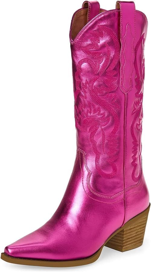Women's Cowgirl Embroidered Mid-Calf Western Boots, Pointed Toe Medium Block Chunky Heel 6cm Stit... | Amazon (US)