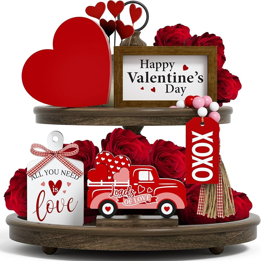 Valentine's Day Tiered Tray Decor Set - 5 Pcs Heart Wooden Signs XOXO Bead Garland, Valentines Da... | Amazon (US)
