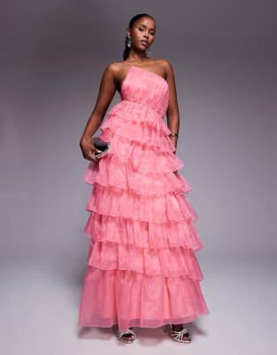 ASOS LUXE organza asymmetric ruffle maxi dress in Pink | ASOS | ASOS (Global)