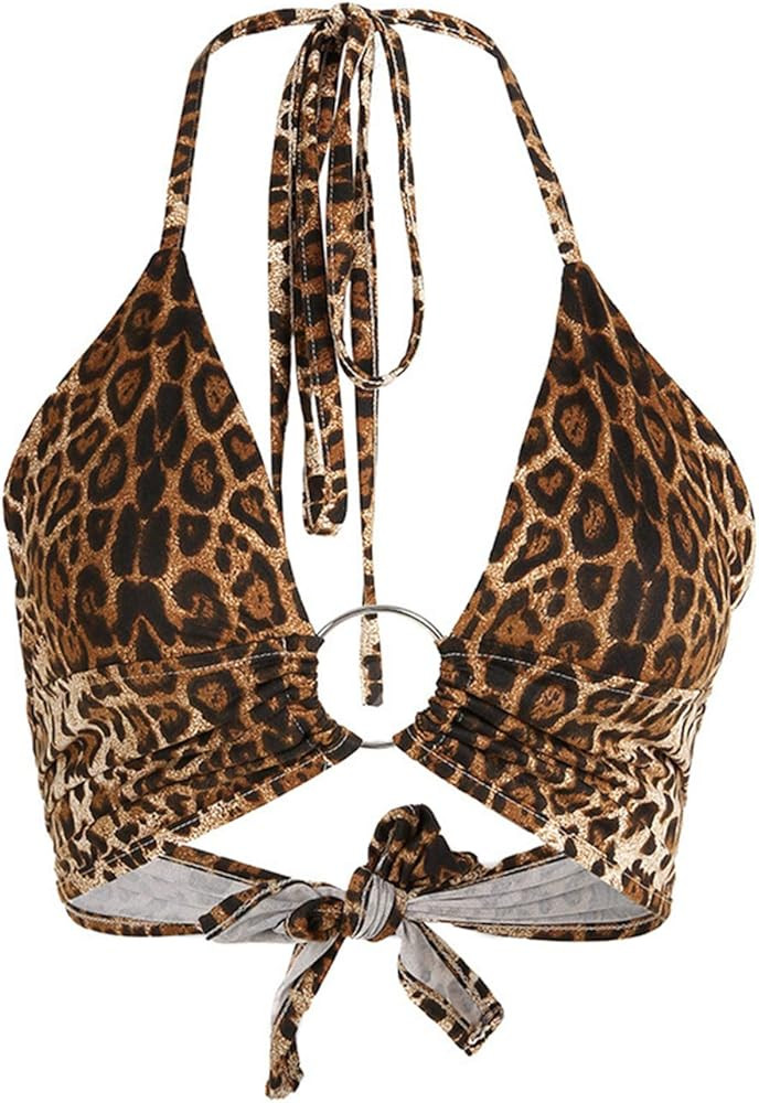 Anna-Kaci Women's American Flag Open Back Camisole Halter Vest Deep V Neck Knot Tie Crop Top | Amazon (US)