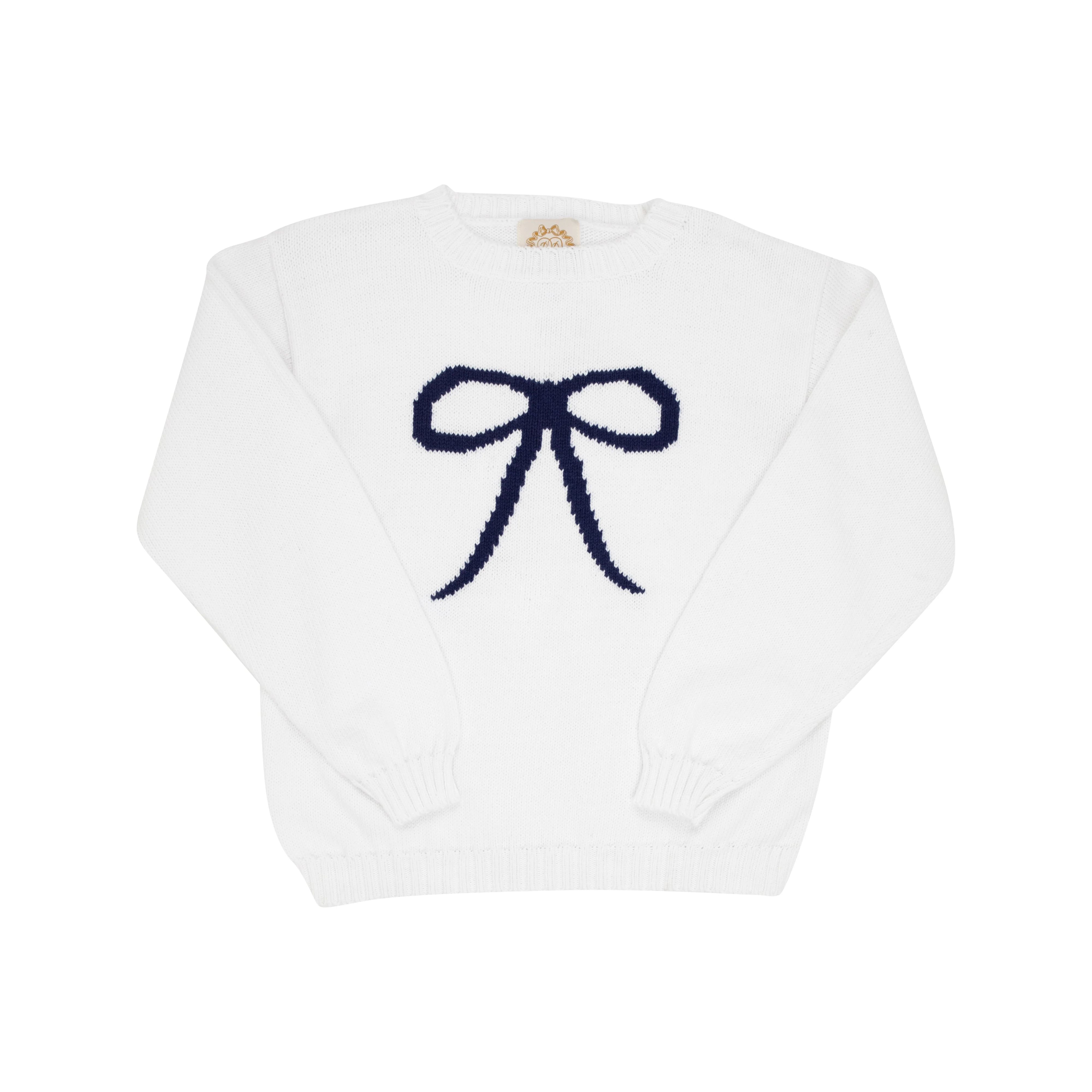 Isabelle's Intarsia Sweater - Worth Avenue White with Nantucket Navy Bow Intarsia | The Beaufort Bonnet Company
