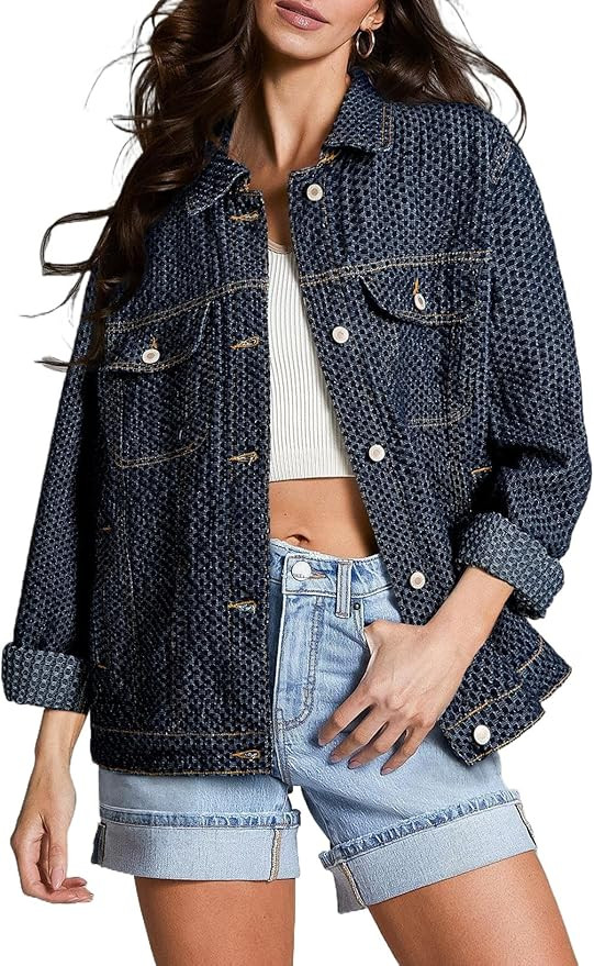 Sidefeel Women's Jean Jacket Oversized Boyfriend Button Up Long Sleeve Textured Denim Jackets | Amazon (US)