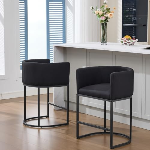 Canxkun Counter Height Bar Stools Set of 2, 25" H Modern Barstools with Backrest, Barrel Counter Stools with Metal Frames, Linen Fabric Upholstered Bar Stool for Kitchen Island, Pub, Cafe (Black) | Amazon (US)
