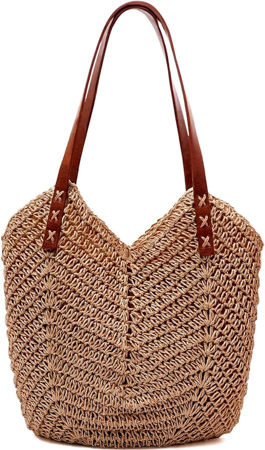 Straw Beach Bag for Women Large Straw Tote Bag with Zipper Summer Woven Bag Travel Straw Shoulder... | Amazon (US)