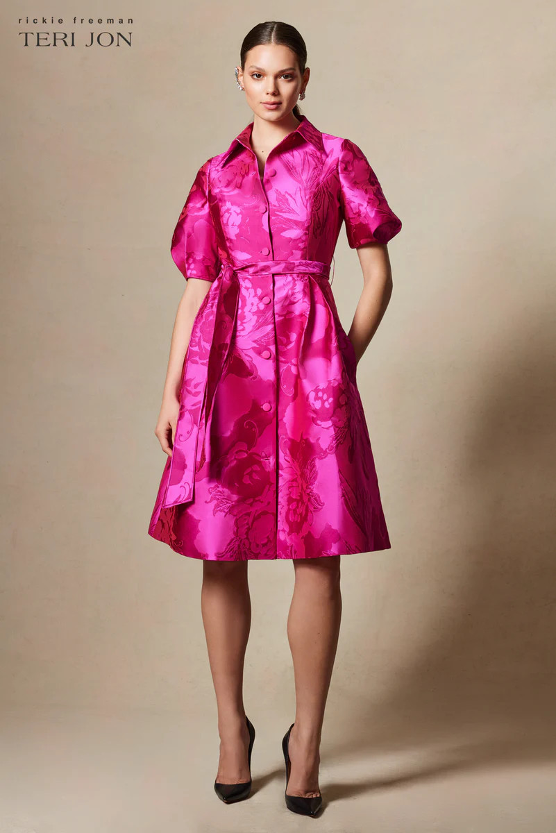 Puff Sleeve Abstract Print Collared Shirt Dress | TERIJON