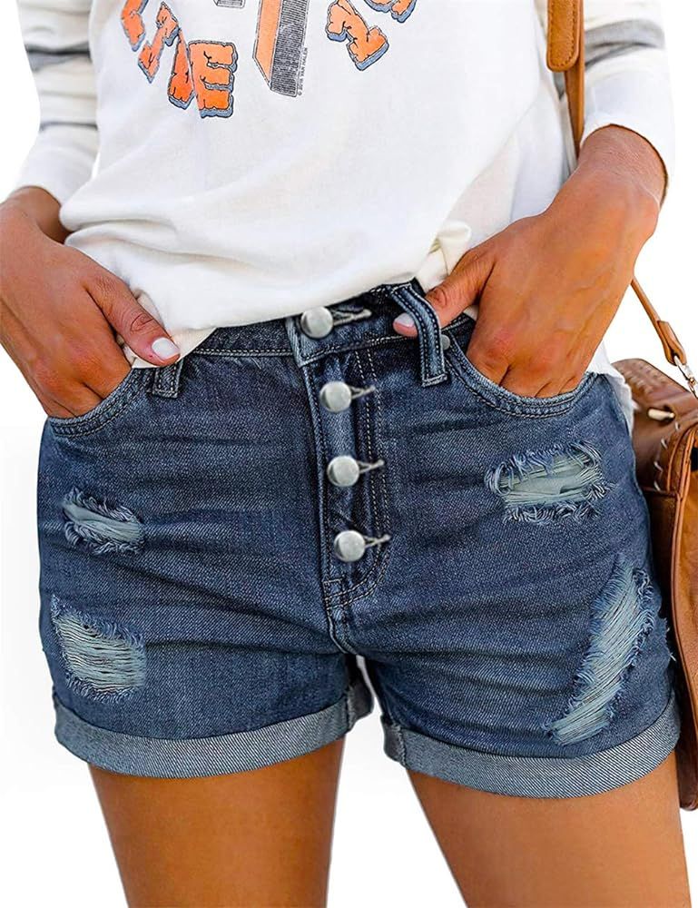 Angerella Denim Shorts for Women Mid Rise Ripped Jean Shorts Stretchy Folded Hem Hot Short Jeans | Amazon (US)