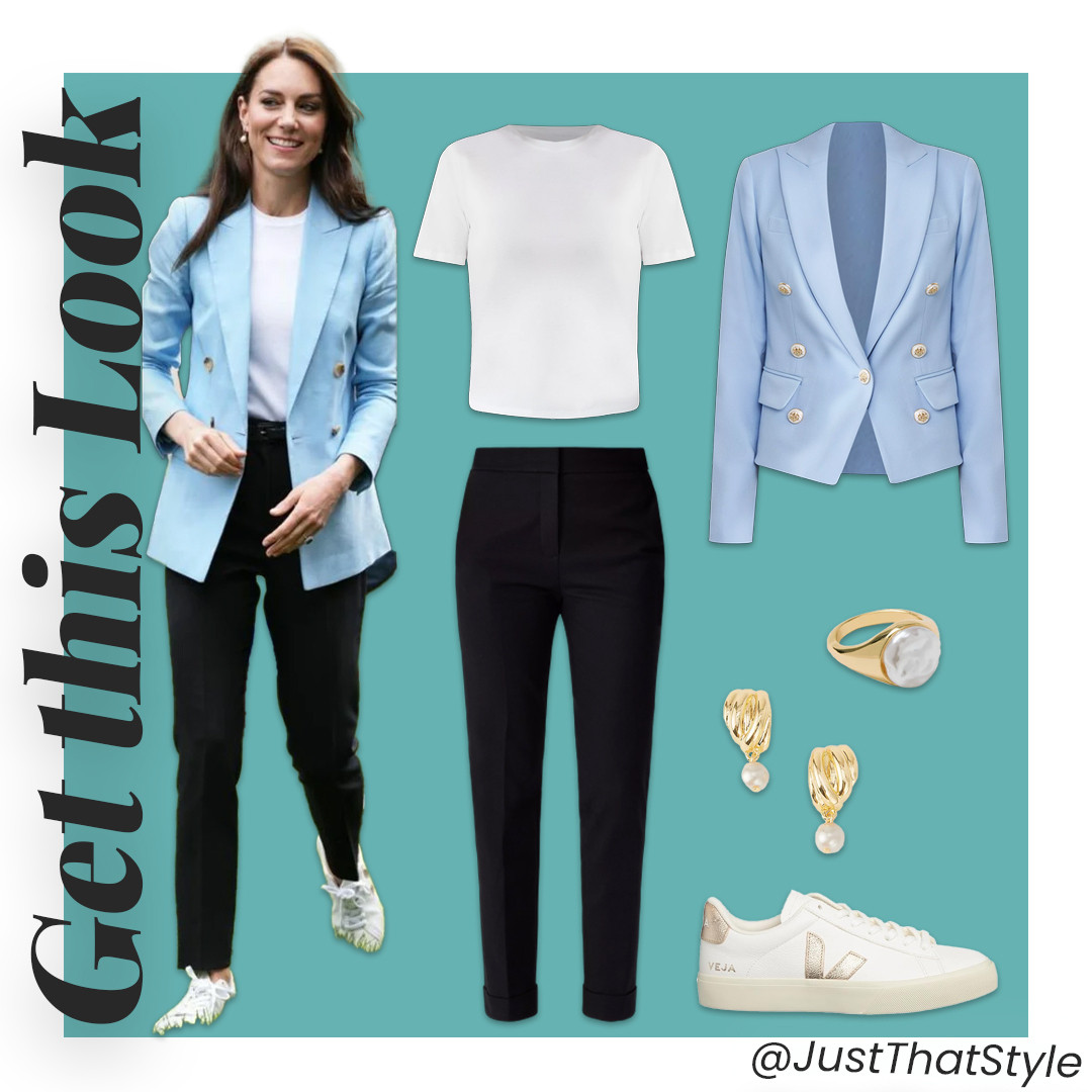 Sky-blue blazer, crisp tee, tailored trousers, and cult-favorite sneakers—Princess Kate’s effortless polish meets weekend ease. Tap to shop the royal look without the royal price. 👟✨

#JustThatStyle #LTKworkwear #PrincessKateInspired #SneakerChic 

 #LTKFindsUnder100 #LTKStyleTip #LTKWorkwear