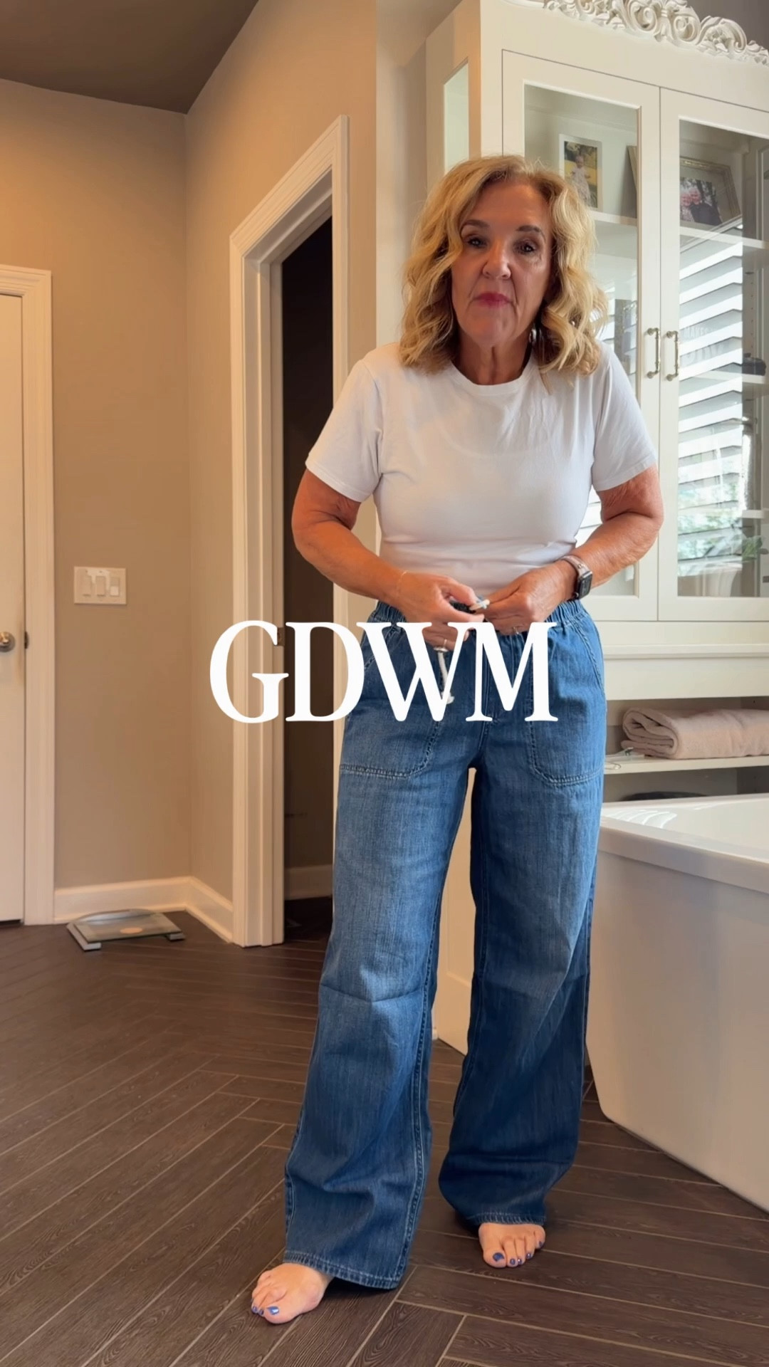 Drawstring jeans restocked! Wearing a 29 reg. Unfortunately the sweater is limited in the tan. Will link similar. 

White tee size medium 
Clogs size down if inbetween 
Allie & Bess bracelets & necklace 20% off code NANETTE20

#LTKSaleAlert #LTKOver40 #LTKootd