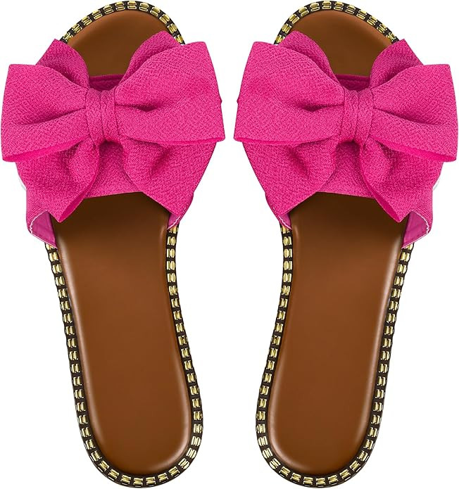 Women's Bow Knot Slides Open Toe Flat Sandals Summer Slip On Slippers | Amazon (US)