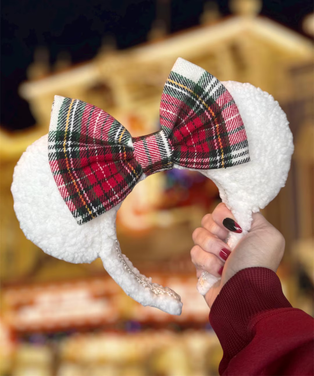 Sherpa Plaid Christmas Holiday Minnie Ears, Ivory Winter Jollywood Nights Disney Ear Headband | Etsy (US)