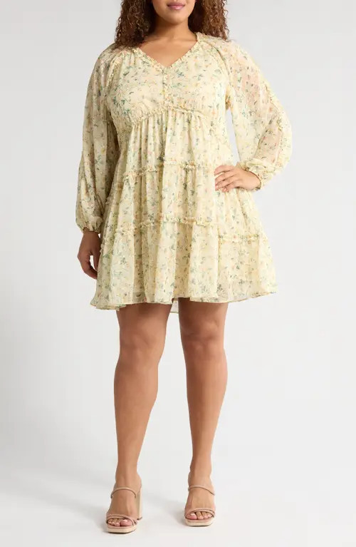 Chelsea28 Floral Print Ruffle Long Sleeve Chiffon Dress in Yellow Floral at Nordstrom, Size 2X | Nordstrom