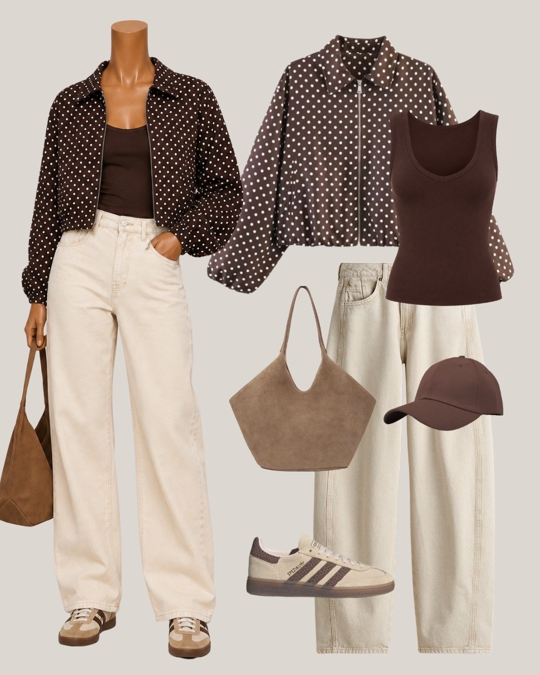 brown season is already living in my closet

Tags:
polka dot jacket, brown tank top, wide leg jeans, cream baggy jeans, brown baseball cap, brown sunglasses, suede tote bag, adidas gazelle sneakers, brown and cream outfit, fall transition outfit, casual outfit inspo, everyday fall outfit

#LTKshoes #LTKbag #LTKstyletip