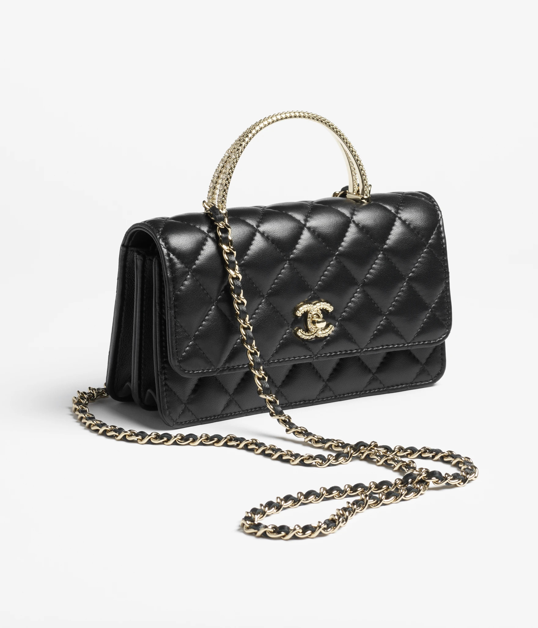 Clutch with chain - Lambskin, strass & gold-tone metal, black — Fashion | CHANEL | Chanel, Inc. (US)
