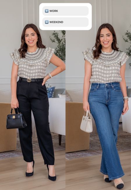 Outfits from work to weekend! Absolutely love this ruffle top paired with black pants for work and denim for the weekend



#LTKworkwear #LTKsalealert #LTKunder100