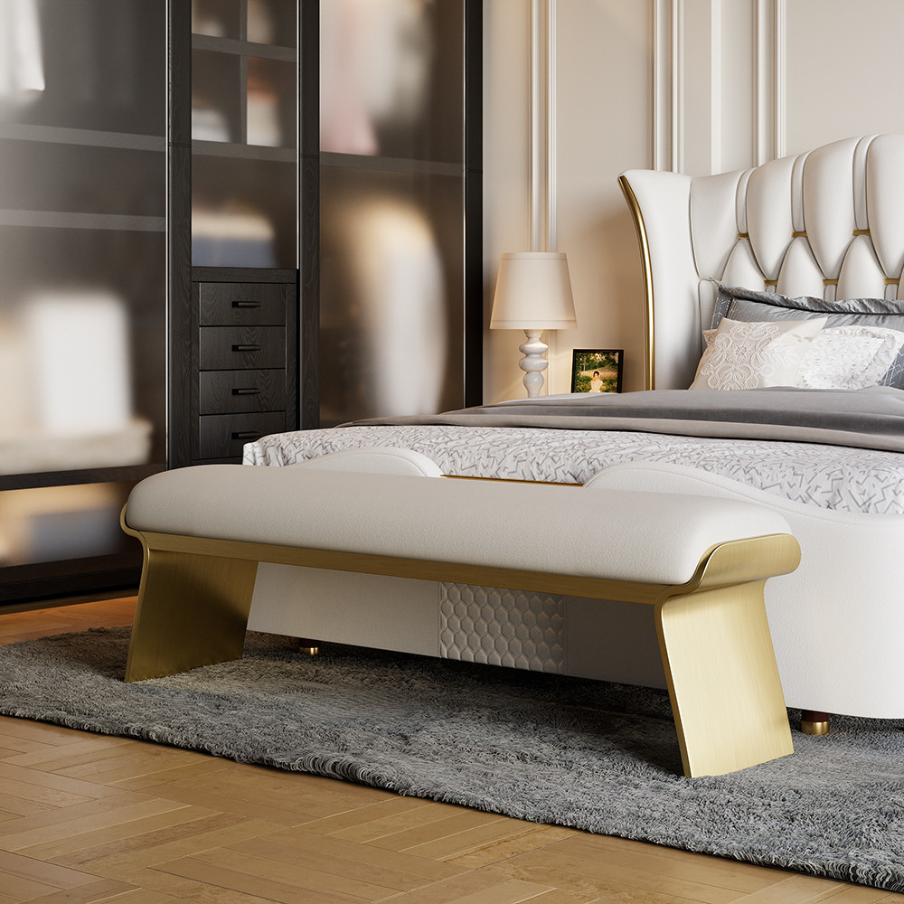 Beige Modern Stainless Steel Bench Leath-Aire Upholstered Bedroom Long Bench | Homary