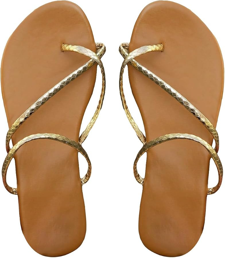 GORGLITTER Women's Metallic Strappy Flat Sandals Open Toe Criss Cross Slide Sandals Flip Flops | Amazon (US)