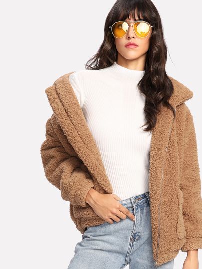 Dual Pocket Faux Fur Jacket | SHEIN