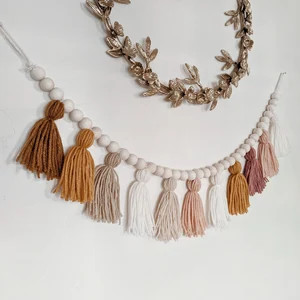 Warm Earth Tone Yarn Tassel Garland With Wood Beads / Blush | Etsy | Etsy (US)