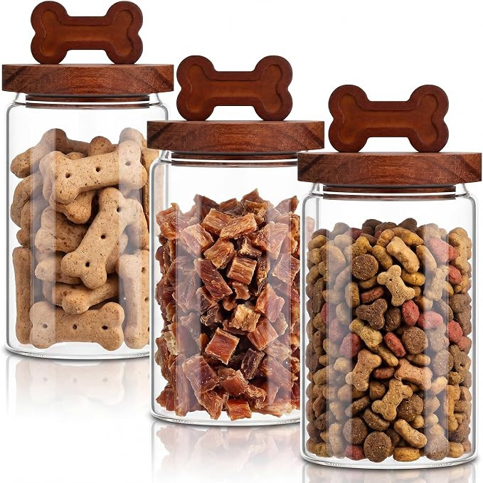 3 Pcs Glass Dog Treat Container, Dog Cookie Jar with Wood Lid | Amazon (US)